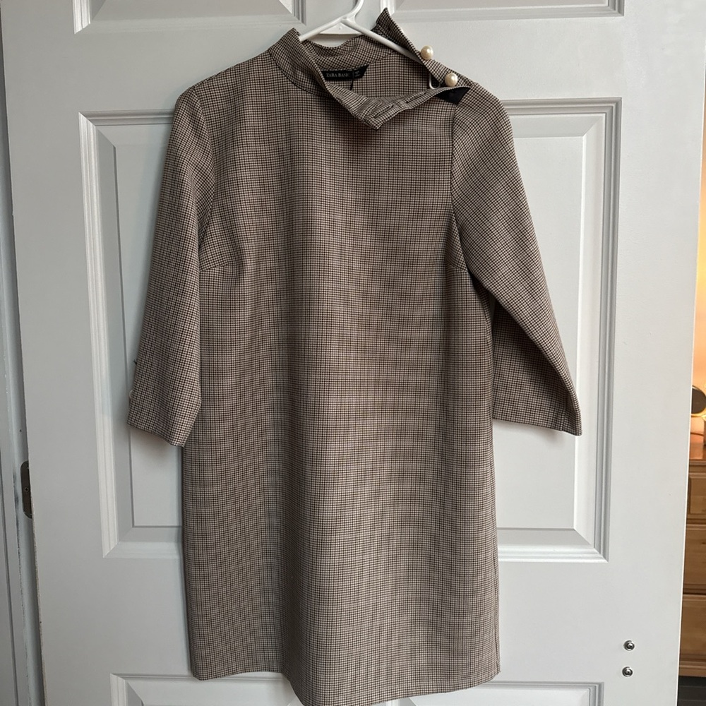 Tan Plaid Dress with Pearl Button Detail